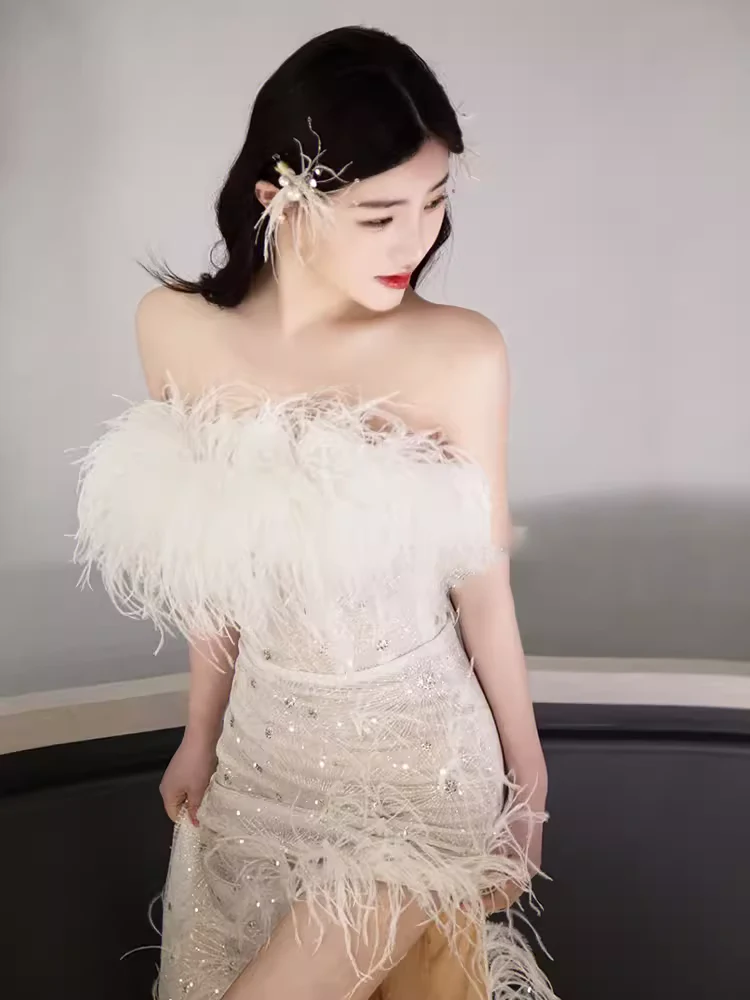 Mermaid Strapless Sequin Beads Long Evening Dress Slit Prom Dresses With Feathers