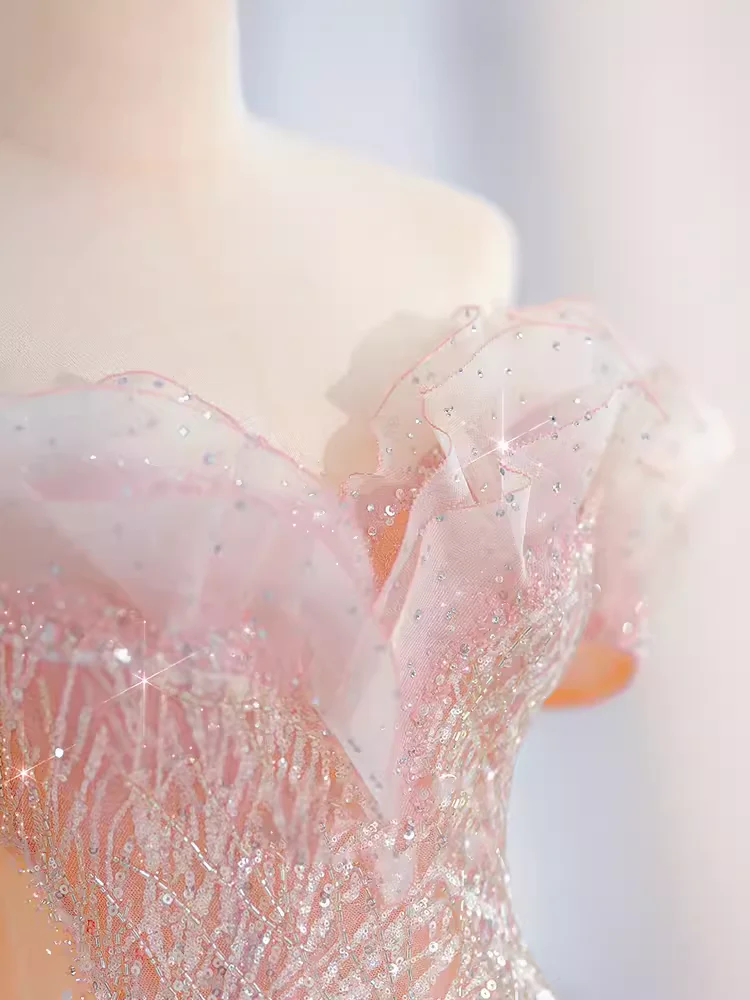 A line Off The Shoulder Pink Sequin Long Evening Dress Prom Dress