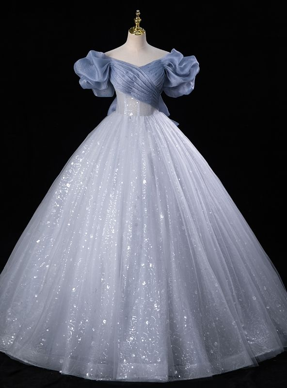 Fairy Blue Tulle Sequins Off the Shoulder Quinceanera Dress Cute Ball Gown With Bow