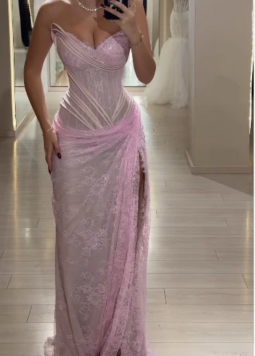 Pretty Pink Strapless Lace Pleated Mermaid High Slit Evening Dress Long Birthday Party Dress