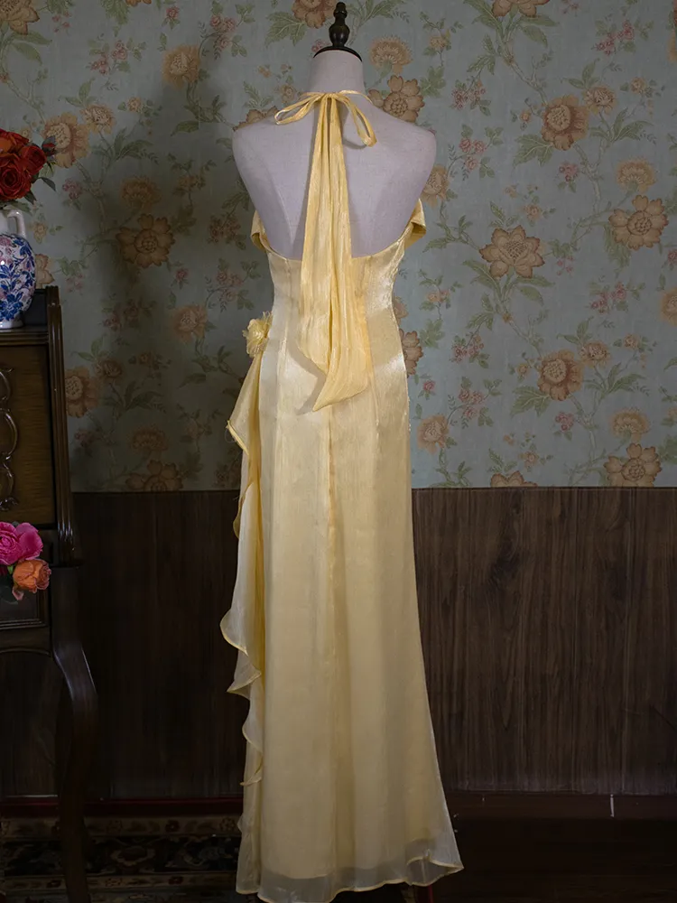 Vintage Halter Neck Floral Prom Dress Fairy Yellow Evening Dress Party Princess Dress