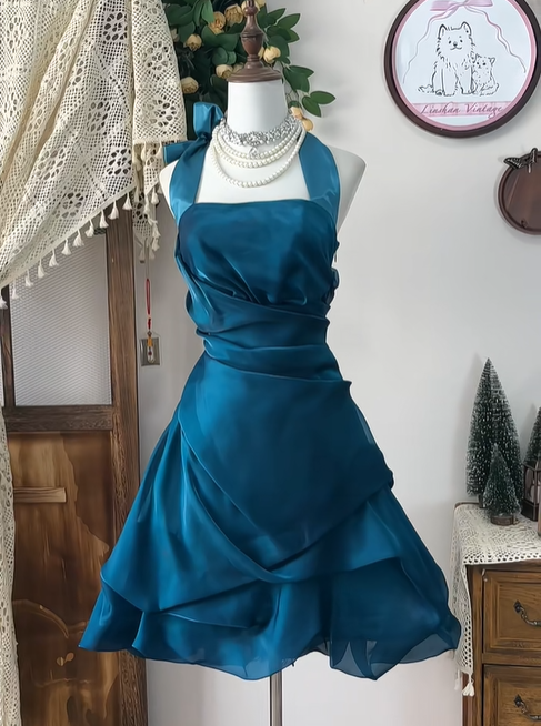 Unique Peacock Blue Halter A Line Homecoming Dress Cocktail Dress