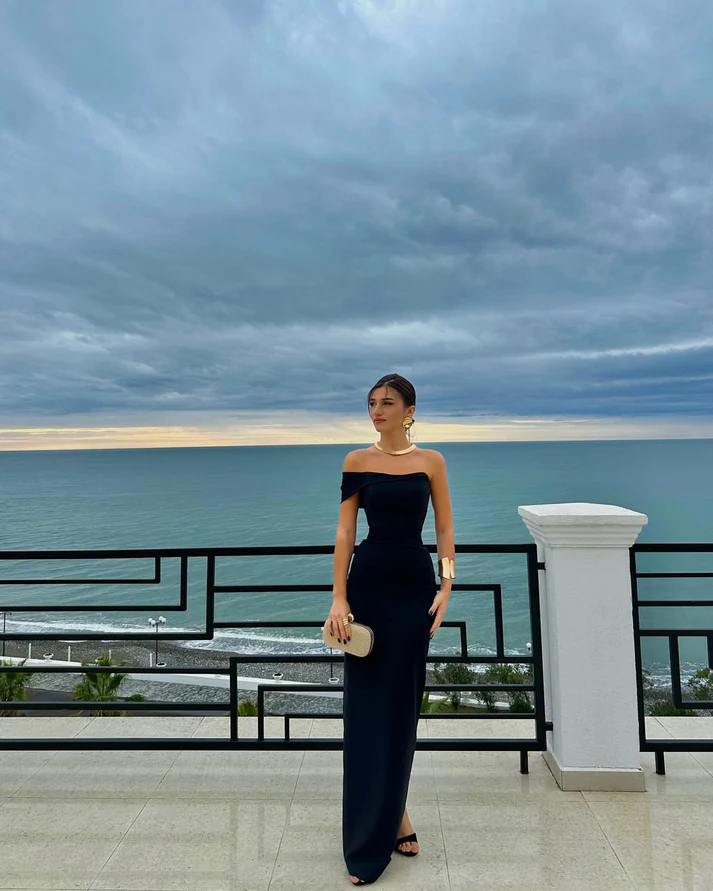 Elegant One Shoulder Sheath Prom Dress Black Satin Long Party Evening Gown