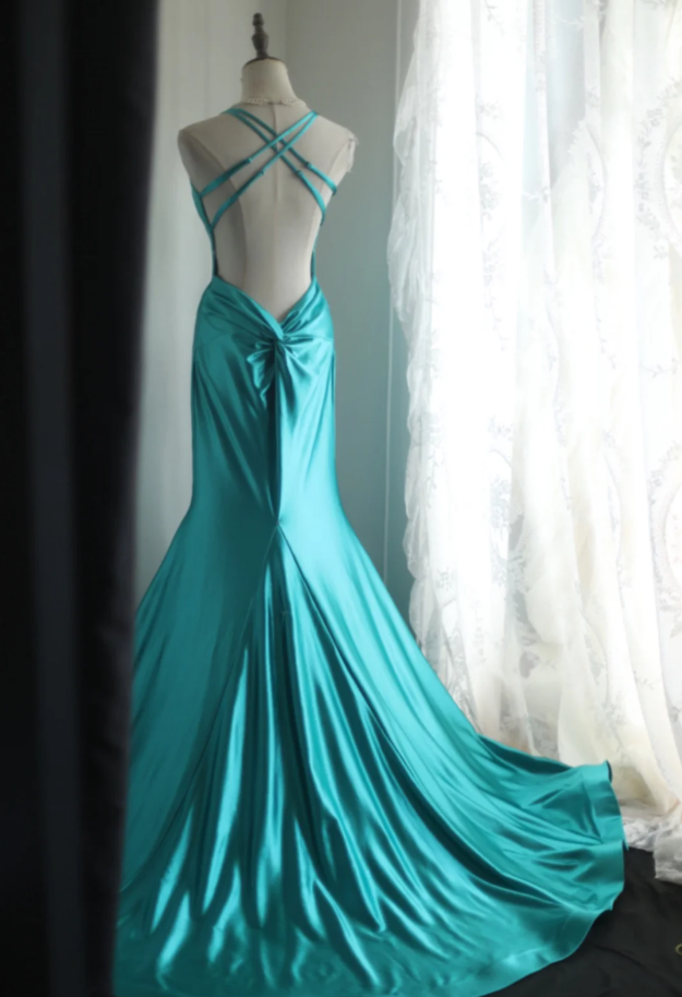 Sexy Green V Neck Satin Mermaid Long Party Dress Backless Wedding Guest Dress