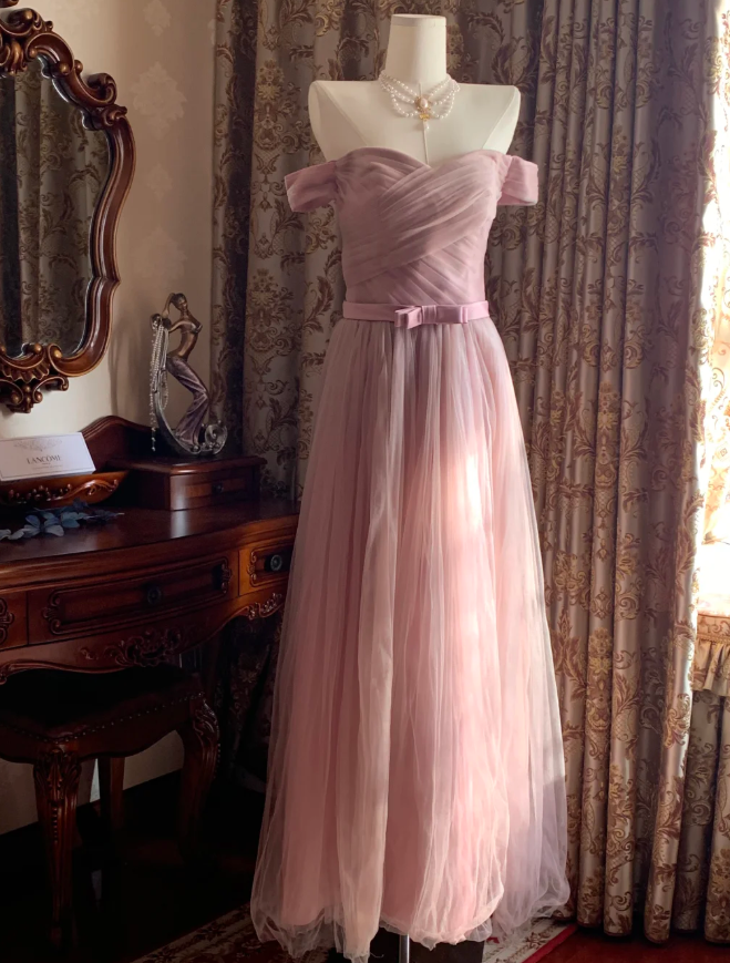 Sweet Pink Off The Shoulder Tulle A Line Long Birthday Party Dress Formal Wedding Guest Dress