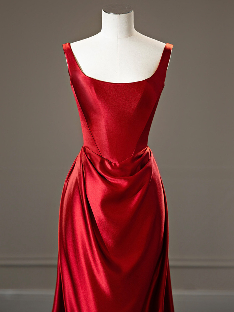 Elegant Red Satin Straps Pleats Prom Dress Long A Line Party Evening Dress