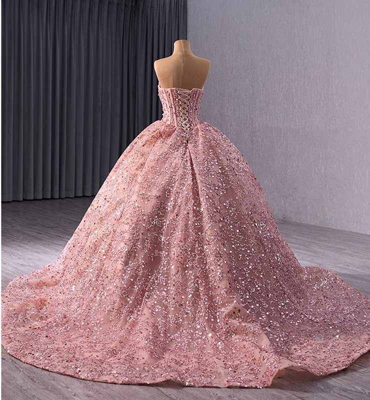 Luxury Pink Ball Gown Gorgeous Sequins Beading Prom Dress Birthday Dress