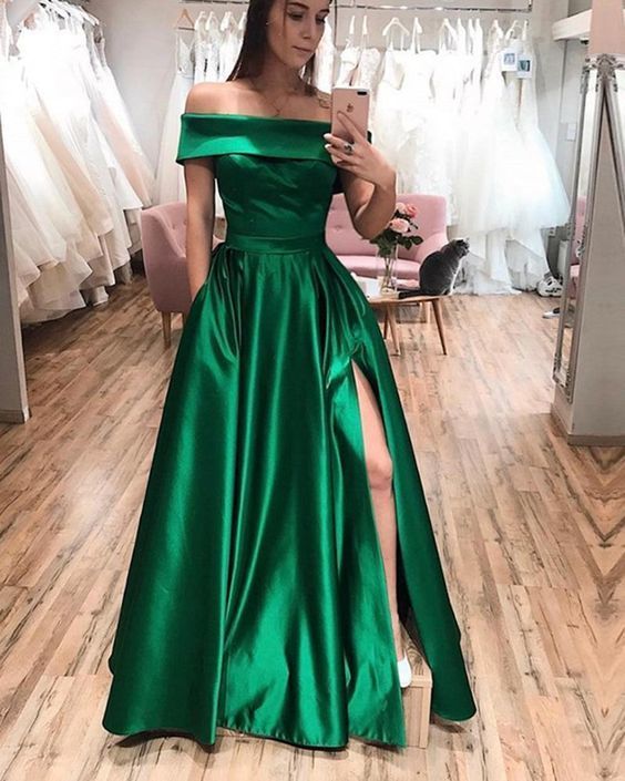 Off the Shoulder Hunter Green Prom Dress, Long Evening Party Formal Gowns