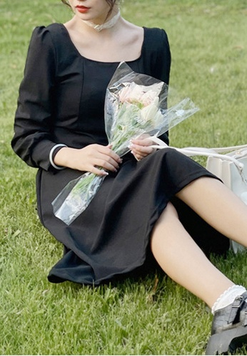 Gentle style Hepburn square neck little black dress Simple Prom Dress Party Dress With Long Sleeves