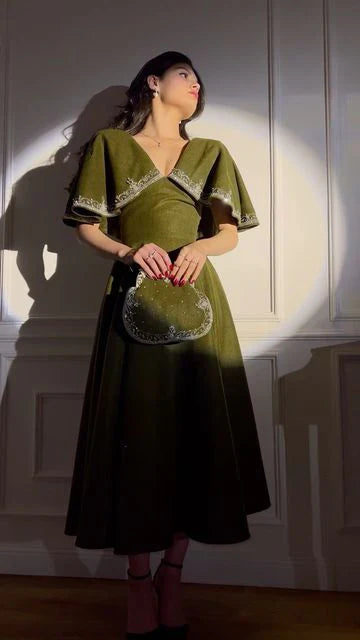Retro Style V Neck Long Prom Dress,Winter Dance Dress