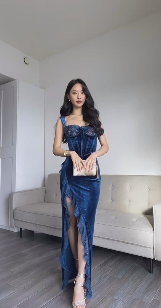 Elegant Sheath Velvet Lace Ruffles Navy Blue Prom Dress Slit Party Evening Dress