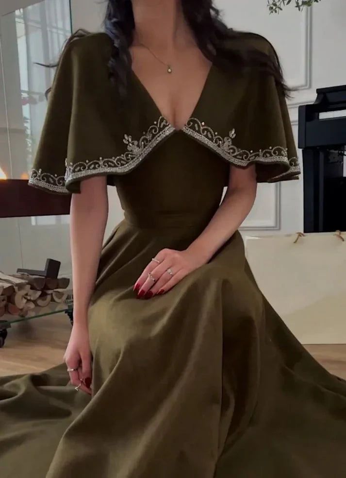Retro Style V Neck Long Prom Dress,Winter Dance Dress