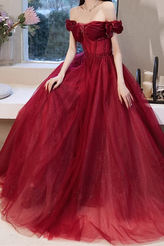Lovely Pink Off The Shoulder Tulle Beading Prom Dress A Line Party Evening Dress