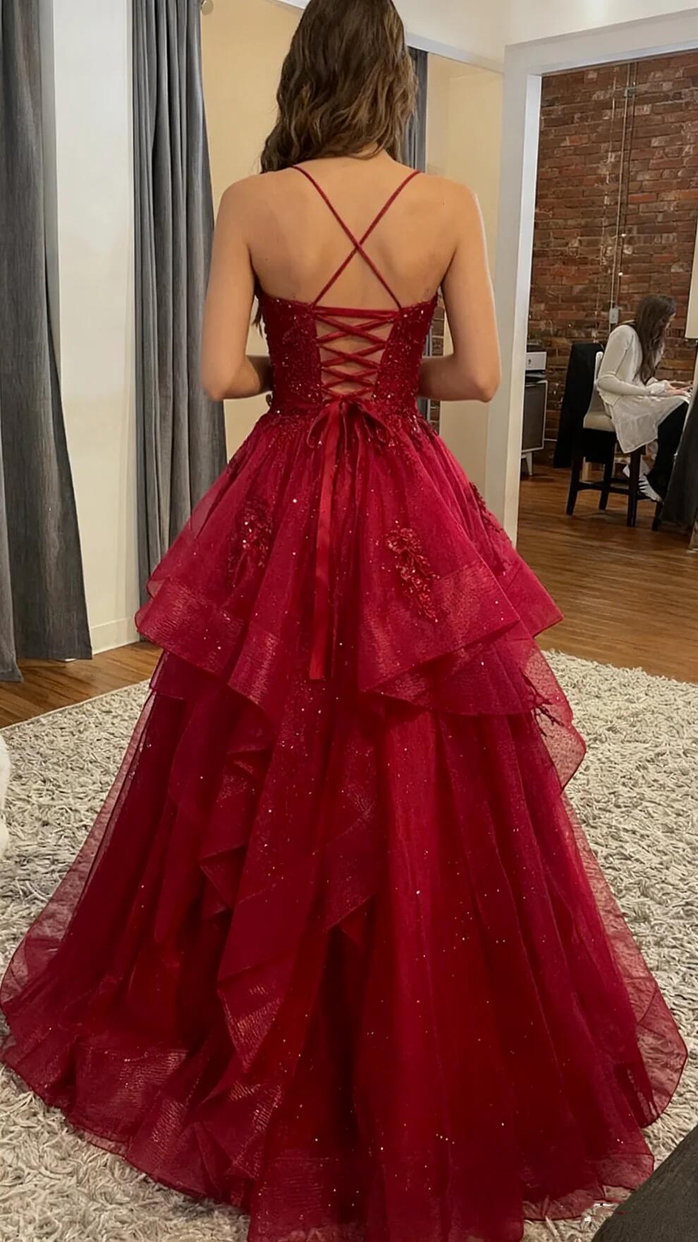 Burgundy Shinny Tulle A-Line Long Prom Dress Evening Party Dresses
