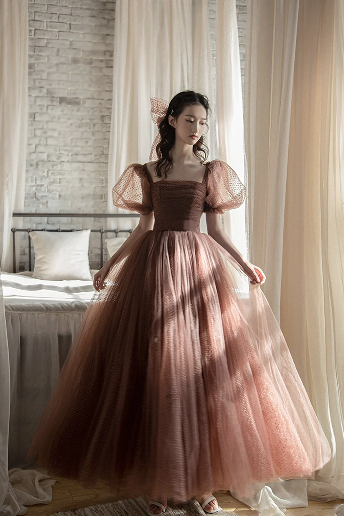 Cute tulle long A line prom dress evening dress