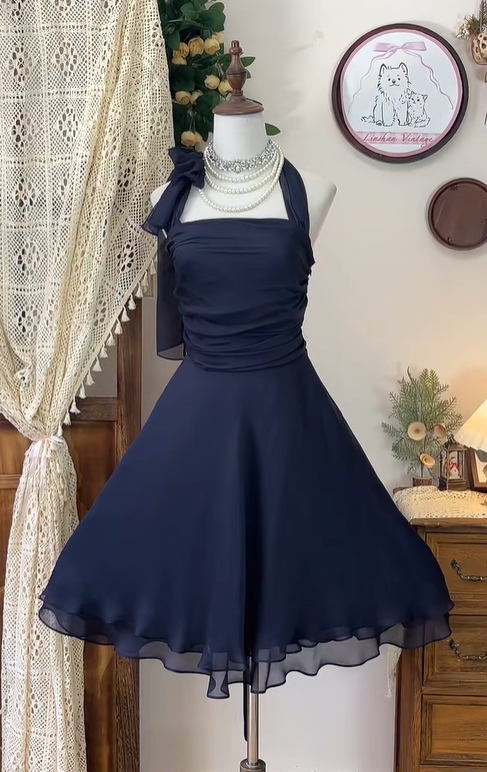 Stylish Navy Blue Chiffon A Line Homecoming Dress Halter Cocktail Dress