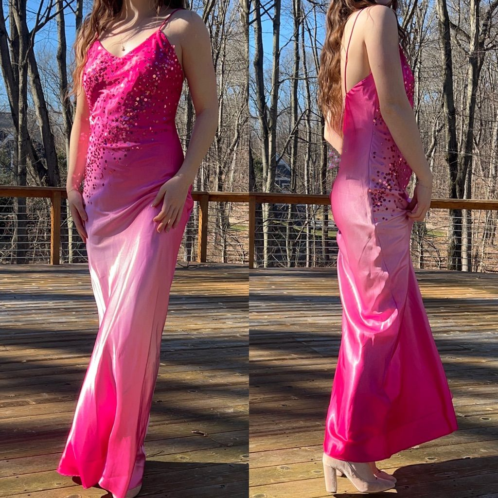 Stylish Spaghetti Straps Ombre Pink Satin Sequin Long Wedding Guest Dress Formal Evening Dress
