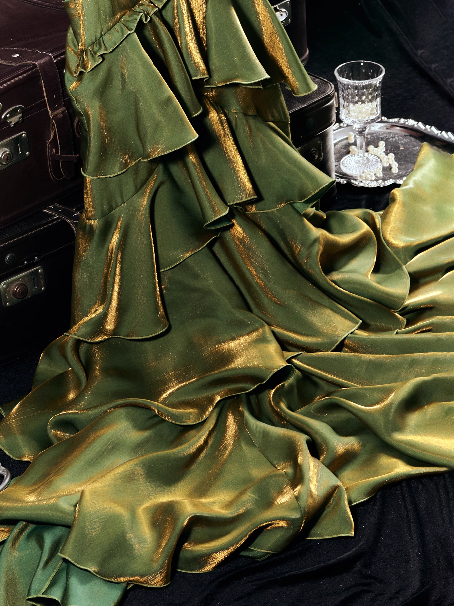French Retro A line Spaghetti Straps Green Long Prom Dress Birthday Dresses