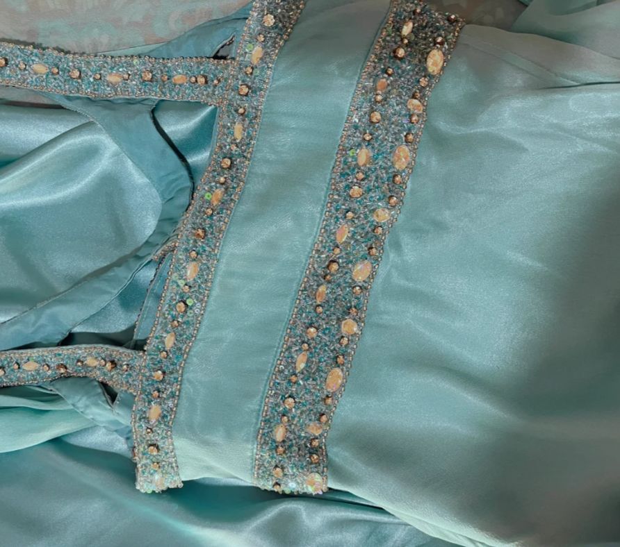 Retro Blue Satin Chiffon Beaded Mermaid Long Evening Dress Formal Wedding Guest Dress