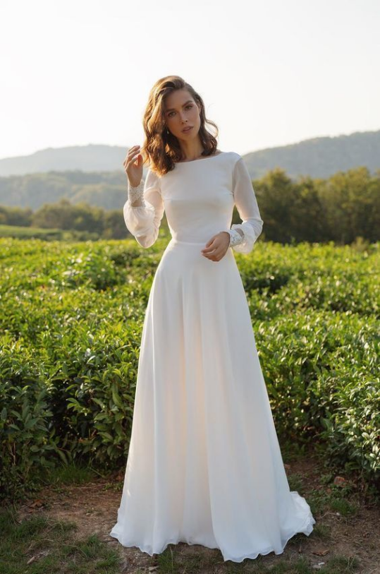 White Chiffon Simple Prom Dress Wedding Dress Open Back Prom Dress With Long Sleeves