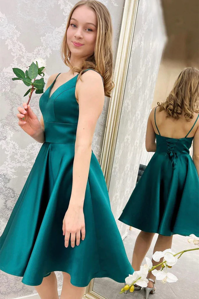 Cute V Neck Short Green Satin Homecoming Dress