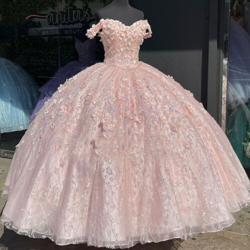 Pink Quinceanera Dresses 3D Flowers Off The Shoulder Sweet 15 Prom Ball Gowns