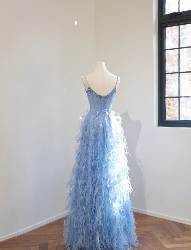 Fairy Spaghetti Straps Blue Satin Beaded Feathers A Line Birthday Prom Dress Party Dress
