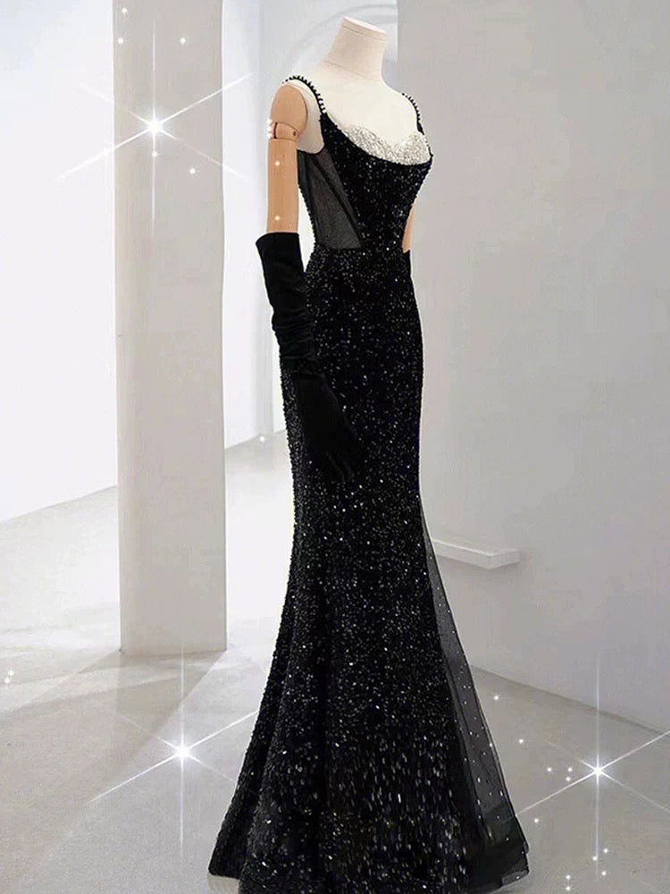 Elegant Mermaid Spaghetti Straps Black Sequin Long Prom Dresses Party Dress With Beads