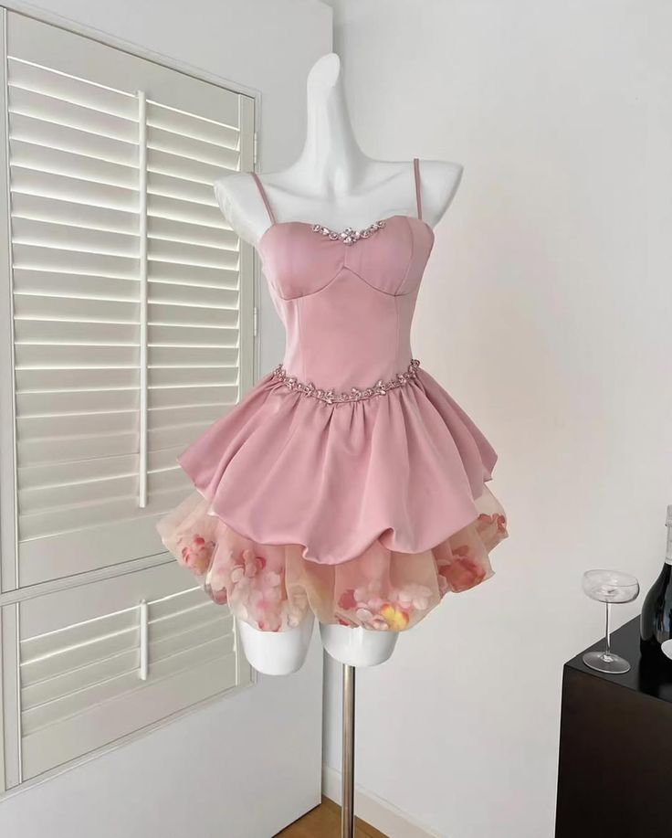 Cute Pink Spaghetti Straps Satin Beaded Layered A Line Birthday Dress Short Vacation Dress Women Dress