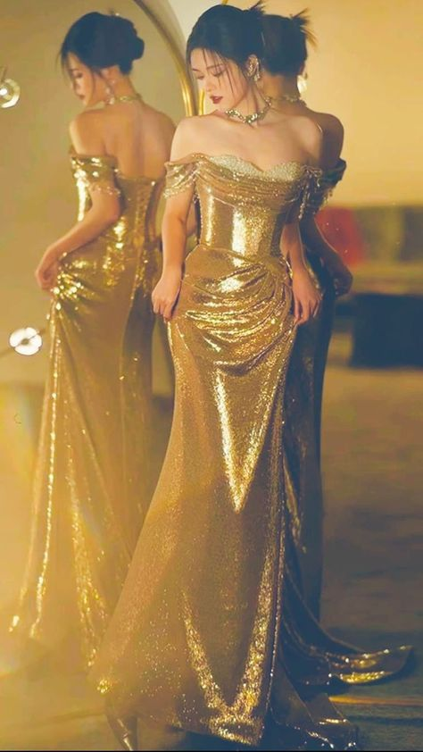 Beautiful Gold Sequin Beaded Evening Dress Off The Shoulder Long Mermaid Prom Dress