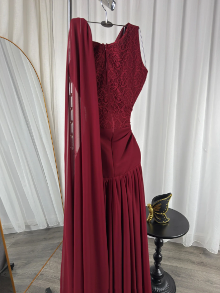 Classy Burgundy Chiffon Slit Mermaid Long Wedding Guest Dress Birthday Evening Dress