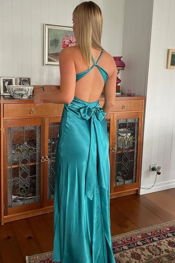 Vintage Olive Green V Neck Satin Long Prom Dress Evening Dress