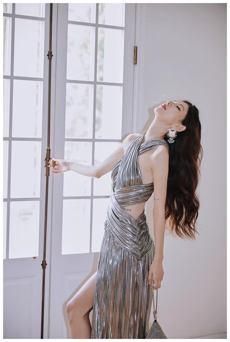 Fashion Silver Gray Satin Pleated High Slit Long Evening Dress Sexy Prom Dress