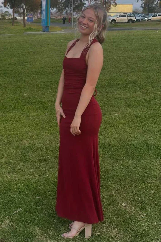 Burgundy Halter Satin Mermaid Long Evening Dress Long Birthday Party Dress