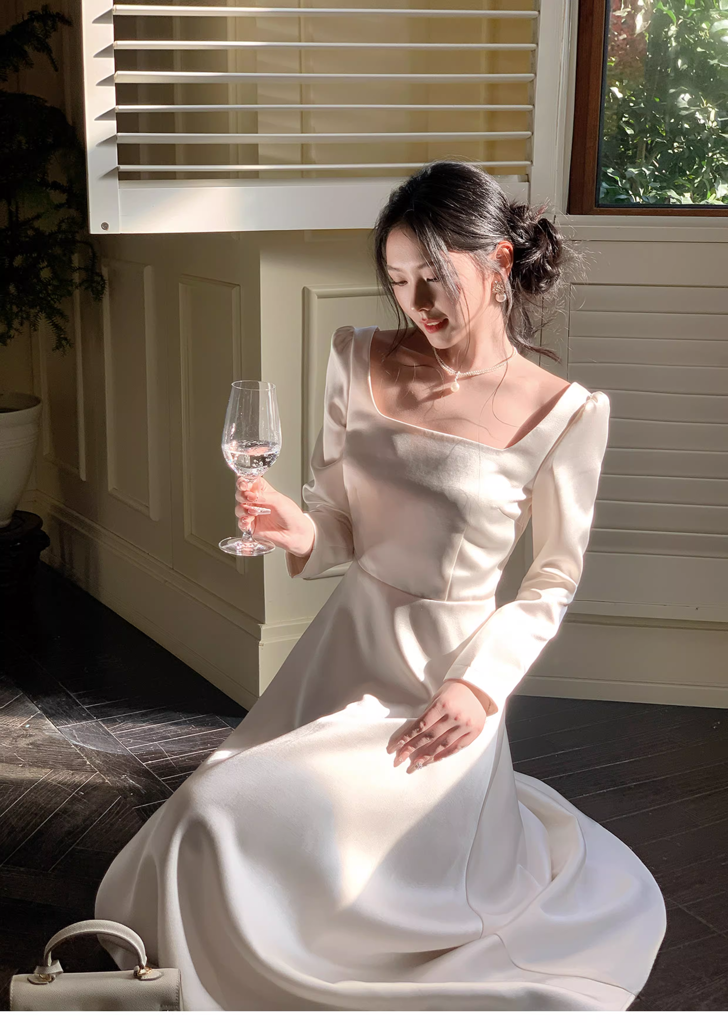 Elegant Square White Satin A Line Long Party Dress Evening Dress