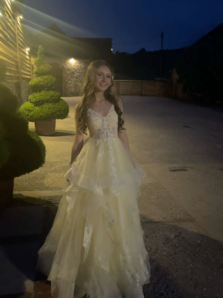 Sweet Spaghetti Straps V Neck Yellow Tulle Appliques Long Wedding Guest Dress Party Dress