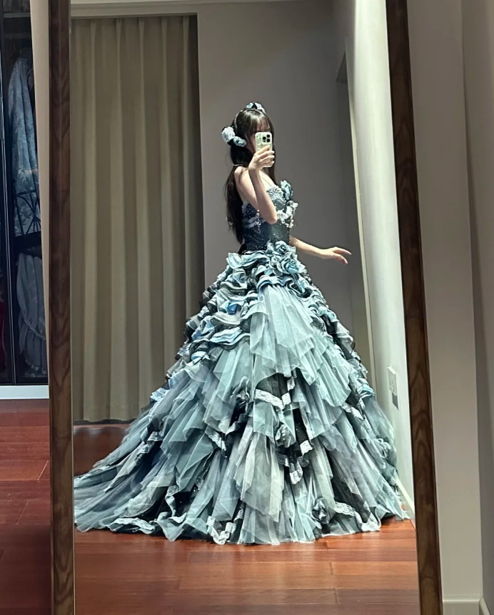 Shiny Strapless Tulle Satin Beaded Ball Gown Blue Layered Sweet 16 Dress Quinceanera Dress