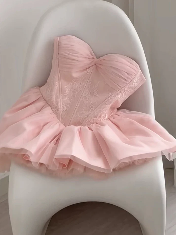 Cute Pink Sweetheart Neck Lace Tulle A Line Short Birthday Dress Homecoming Dress