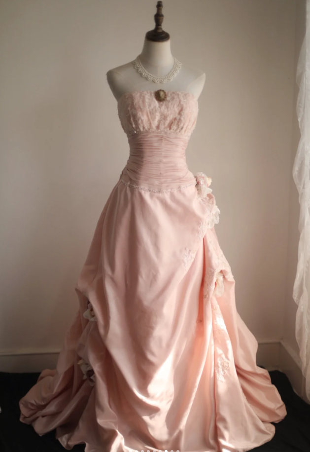 Pretty Pink Strapless Satin Lace Appliques Mermaid Long Party Dress Birthday Dress With 3D Flowers