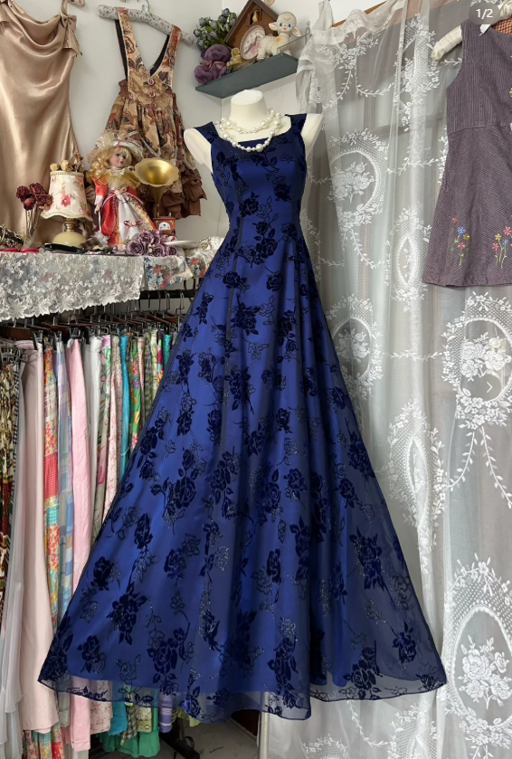Retro Navy Blue A Line Tulle Rose Floral Long Party Dress Evening Dress