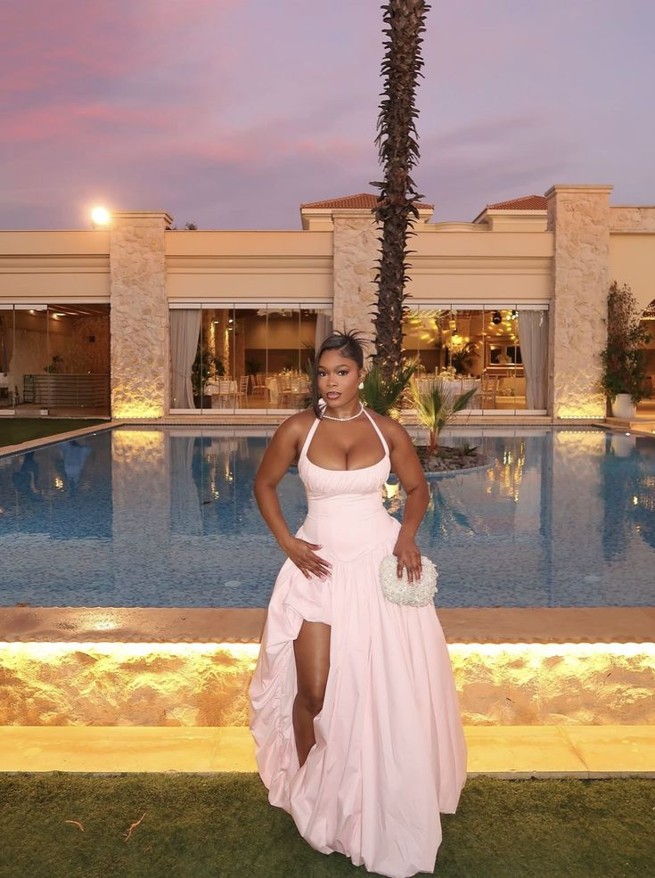 Classy Halter Pink Satin Pleated Long Evening Dress Formal Wedding Guest Dress