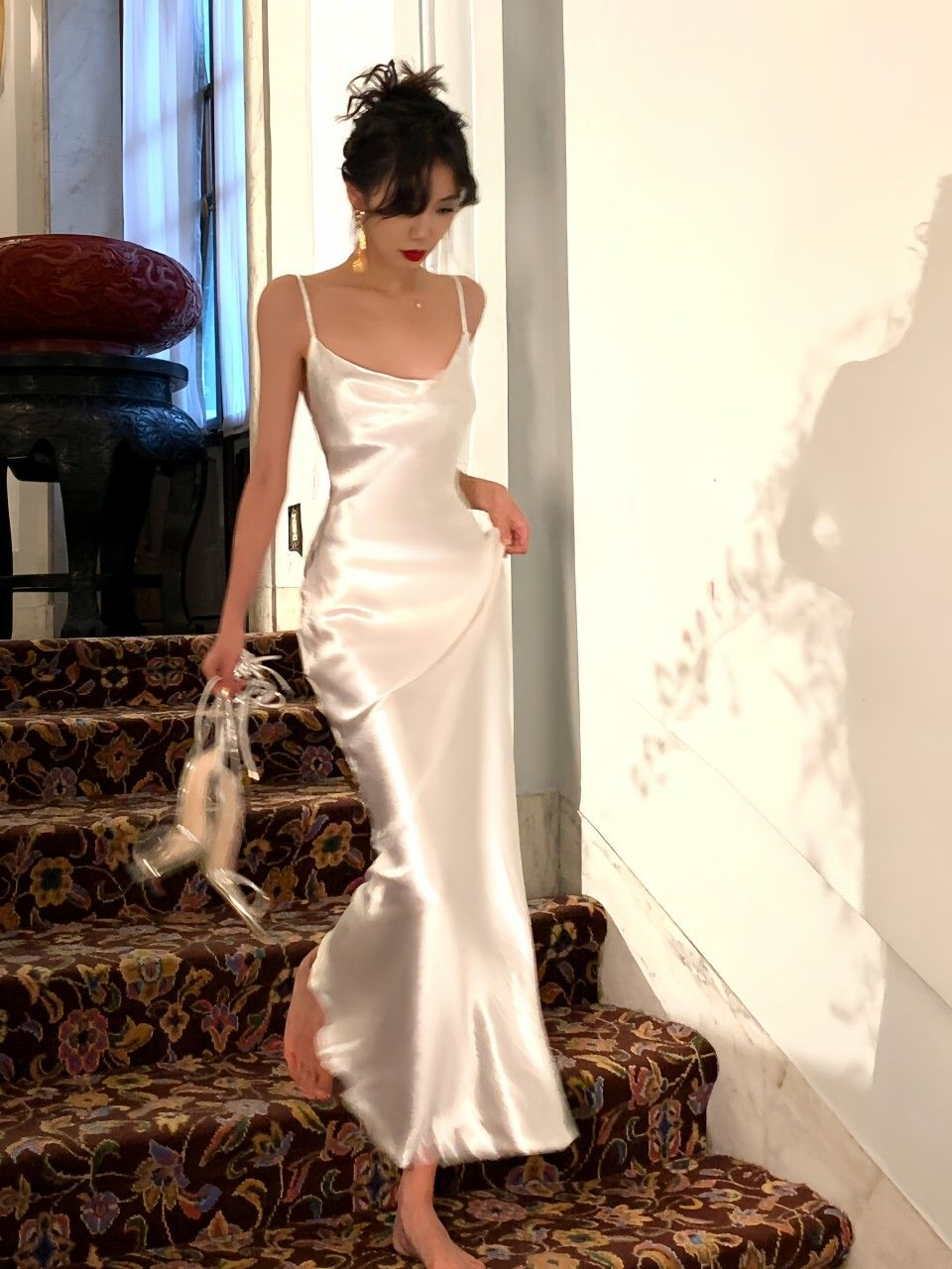 Elegant Spaghetti Straps White Satin Mermaid Prom Dress Formal Bridesmaid Dress