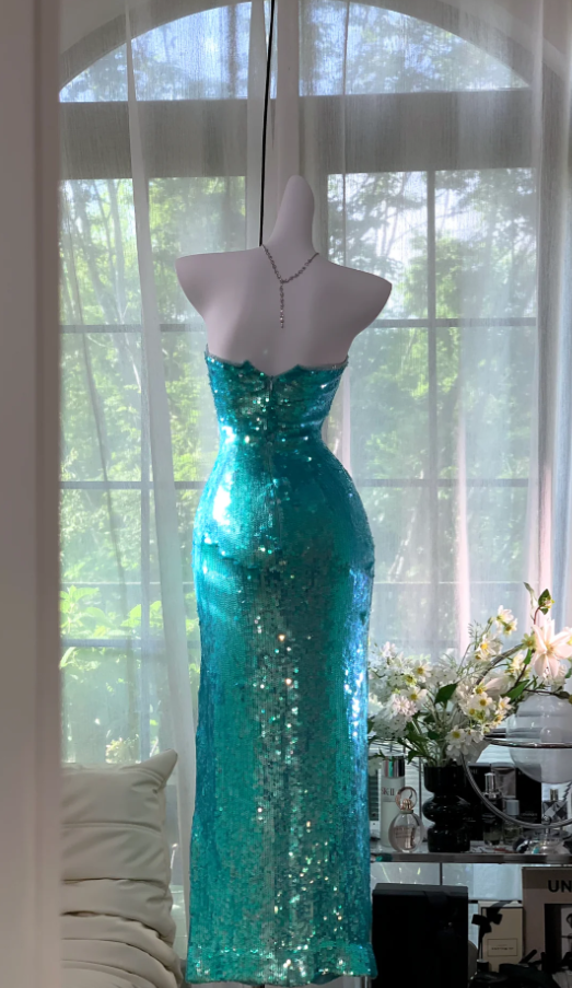 Sparkly Strapless Blue Sequin Slit Mermaid Long Prom Dress Party Dress