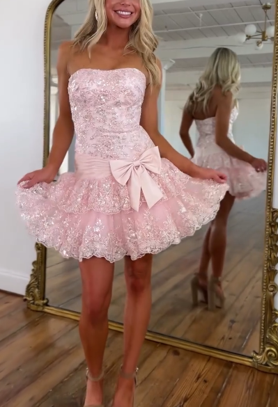 Cute Strapless Pink Lace Layered A Line Graduation Homecoming Dress Short Birthday Outfits