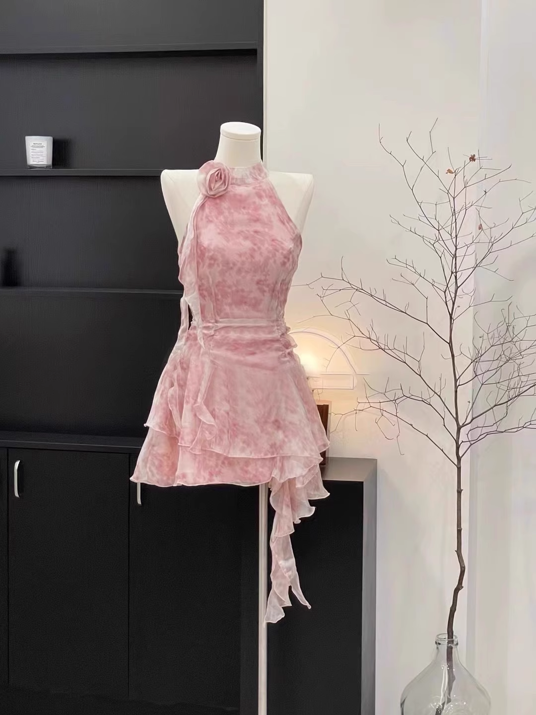 Sexy Halter Pink Floral Chiffon Holiday Dress Birthday Outfits