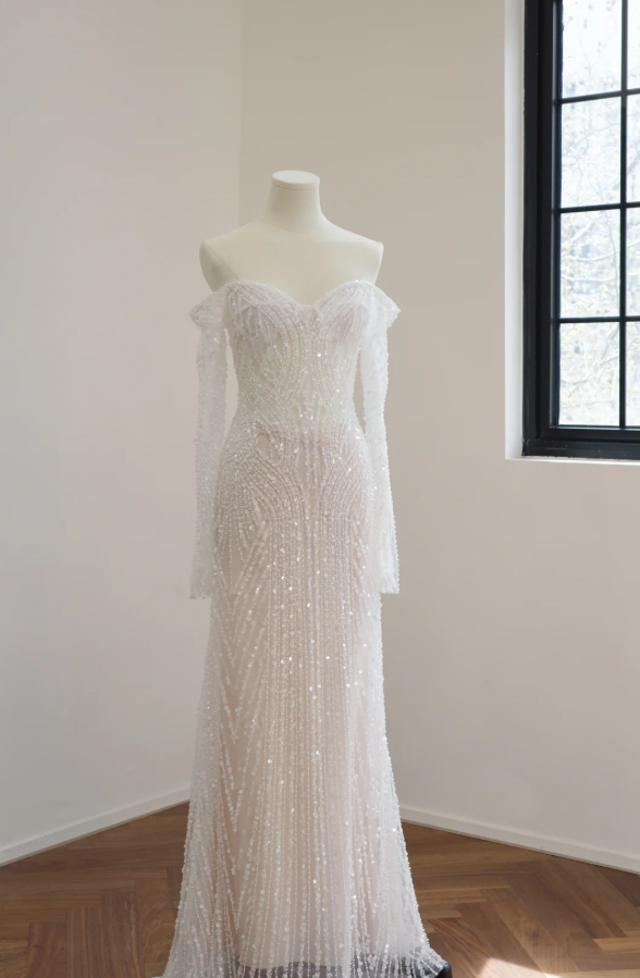 Shiny White Off The Shoulder Sequin Beaded Mermaid Long Party Dress Birthday Prom Dresses