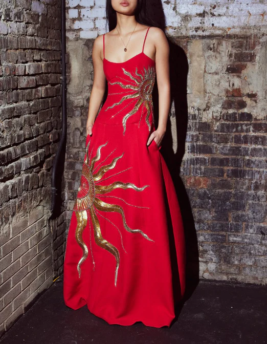 Gorgeous Spaghetti Straps Red Satin With Gold Sequin Long Party Dress Evening Dress