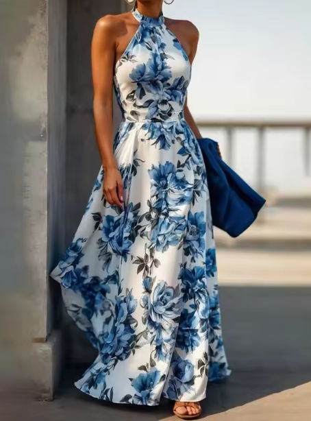 Vintage Satin Print Floral Sleeveless Party Evening Dress,Blue A Line Prom Dress