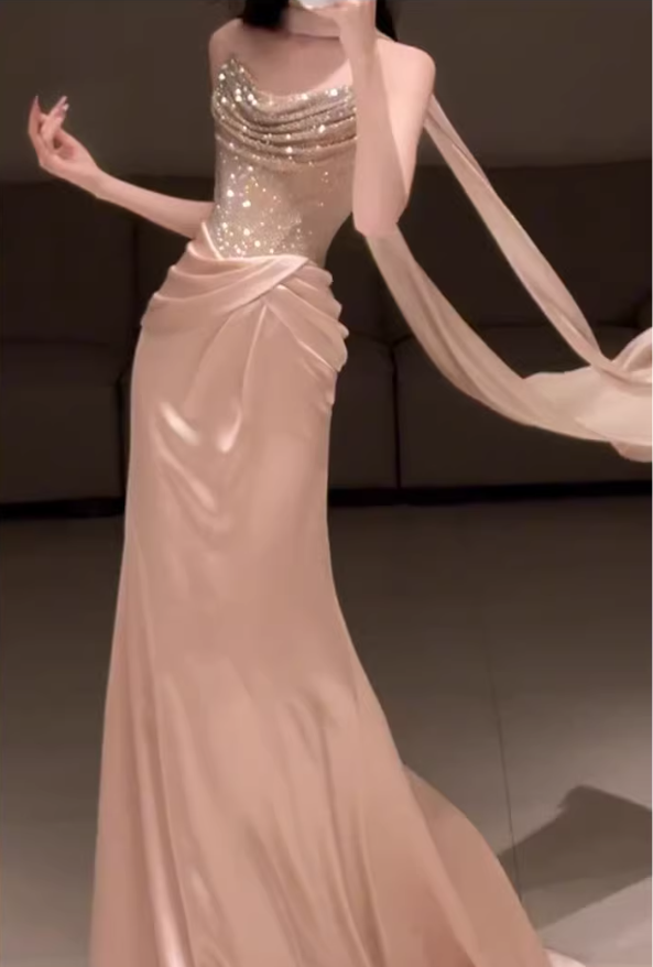 Elegant Strapless Sequin Satin Pleated Mermaid Long Party Dress Birthday Prom Dresses