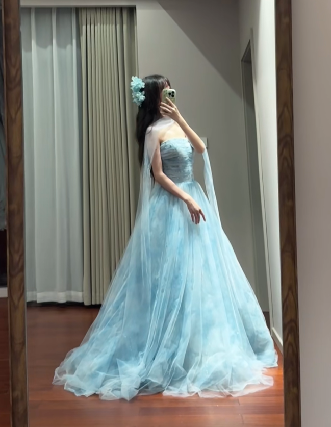 Classy Blue Strapless Tulle Beaded Long Party Dress Birthday Prom Dresses